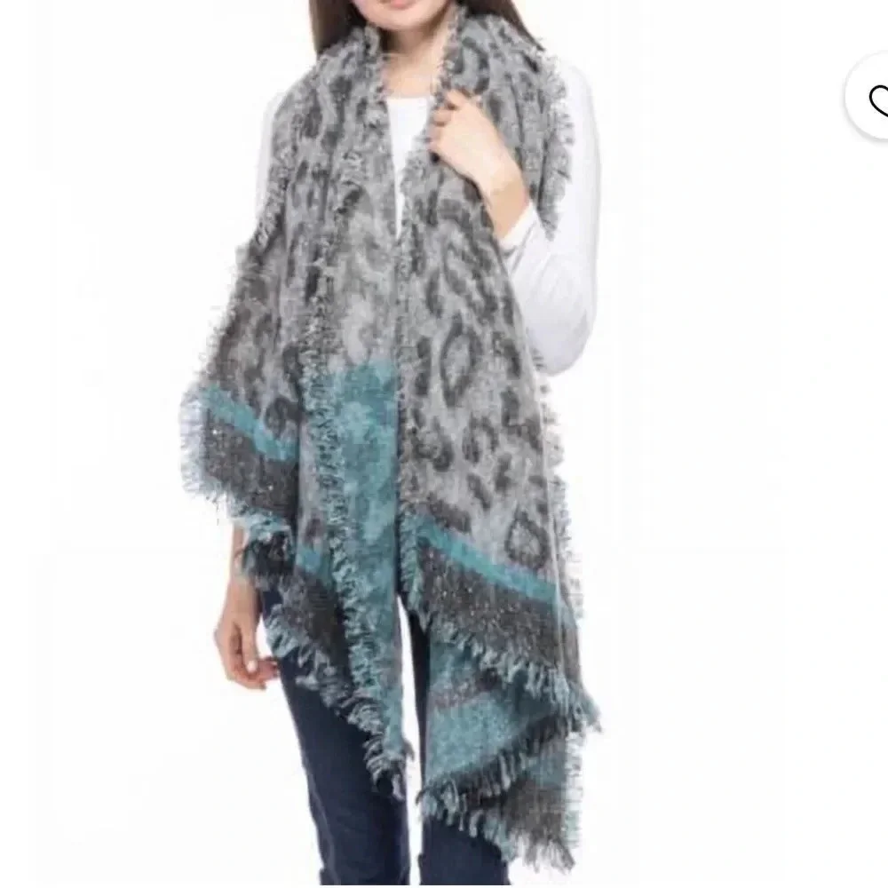 INC International Concepts Leopard Print Sequin Wrap Scarf Gray Black Blue